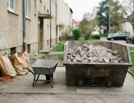 Kontener na gruz podstawiony przy budynku podczas remontu mieszkania