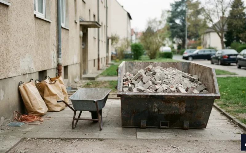 Kontener na gruz podstawiony przy budynku podczas remontu mieszkania