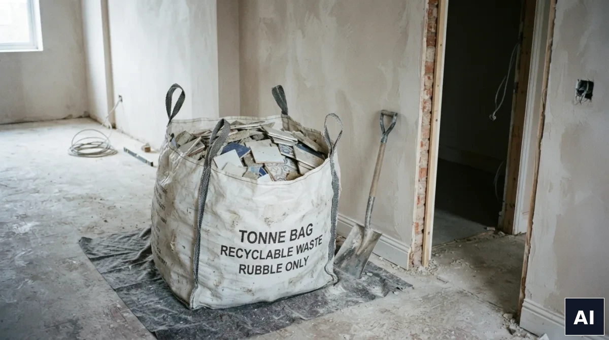 Worek big bag wypełniony gruzem stojący przy wejściu do remontowanego mieszkania